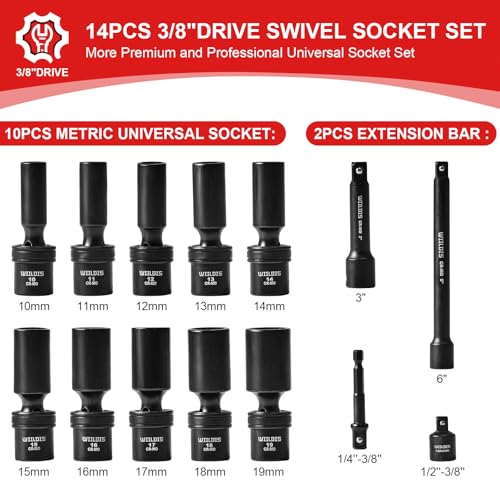 Image of WIILDIS 14 Pieces 3 /8 inch Drive Swivel Socket Set, Deep Universal Impact Socket Set, Metric(10-19mm) Flexible Magnetic Wobble Socket Set, 6 Point, CR-MO, 3 inch, 6 inch Extension Bars, Socket Adapter
