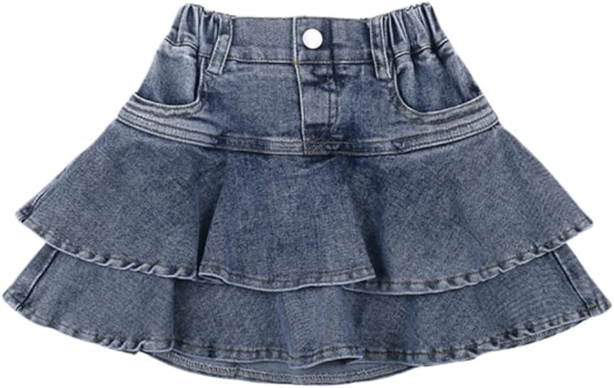 Little Girls Denim Blue Skirts with Shorts Underneath Toddlers Mini Flared Pleated Jean Ruffle Skorts