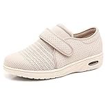 W&Lesvago Women's Wide Width Walking Shoes with Adjustable Closures, Air Cushion Breathable Mesh Sneakers for Elderly Diabetic Edema Swollen Feet(9,Beige)