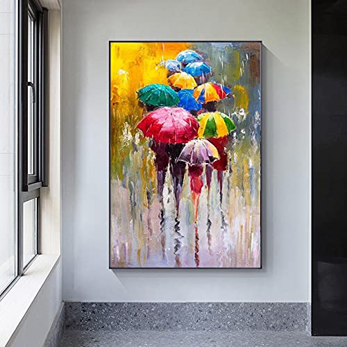 Peinture à l'huile abstraite sur toile d'art moderne, oeuvre d'art de fille, parapluie de transport, art mural encadré 70x100cm (28x39in) avec cadre