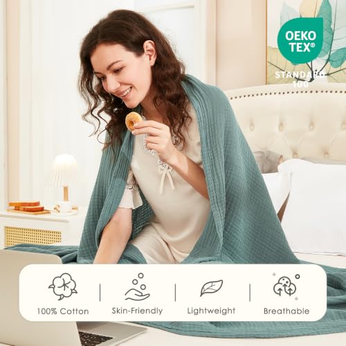 Image of EMME Cotton Muslin King Blanket 4 Layer Ultra Soft Breathable Bed Layering Bedspread Coverlet Breathable Gauze Lightweight (Teal, 108 inchx90 inch)