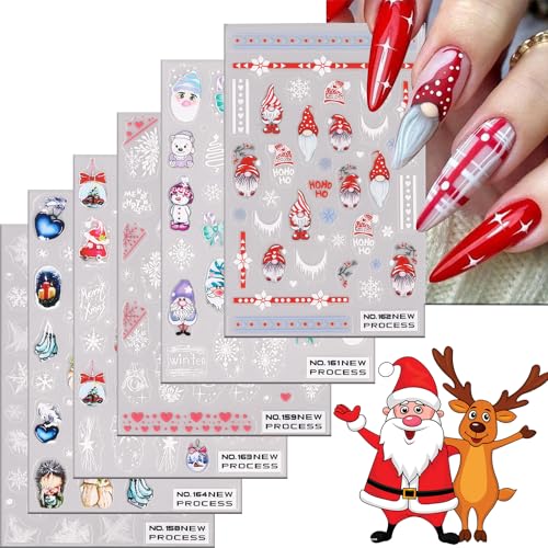 Christmas Nail Art Sticker Decals 3D Embossed Cute Faceless Santa Claus Bear Design Nail Decals Snowflake Self-Adhesive Nail Art Stickers Nail Art Supplies Decoration for Women Manicure Accessories