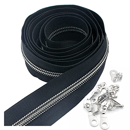 Image of Leekayer #5 Silver Metallic Nylon Coil Zippers by The Yard Bulk 10 Yards Zipper Tape with 25pcs Silver Sliders for DIY Sewing Tailor Craft Bag (Navy Black)