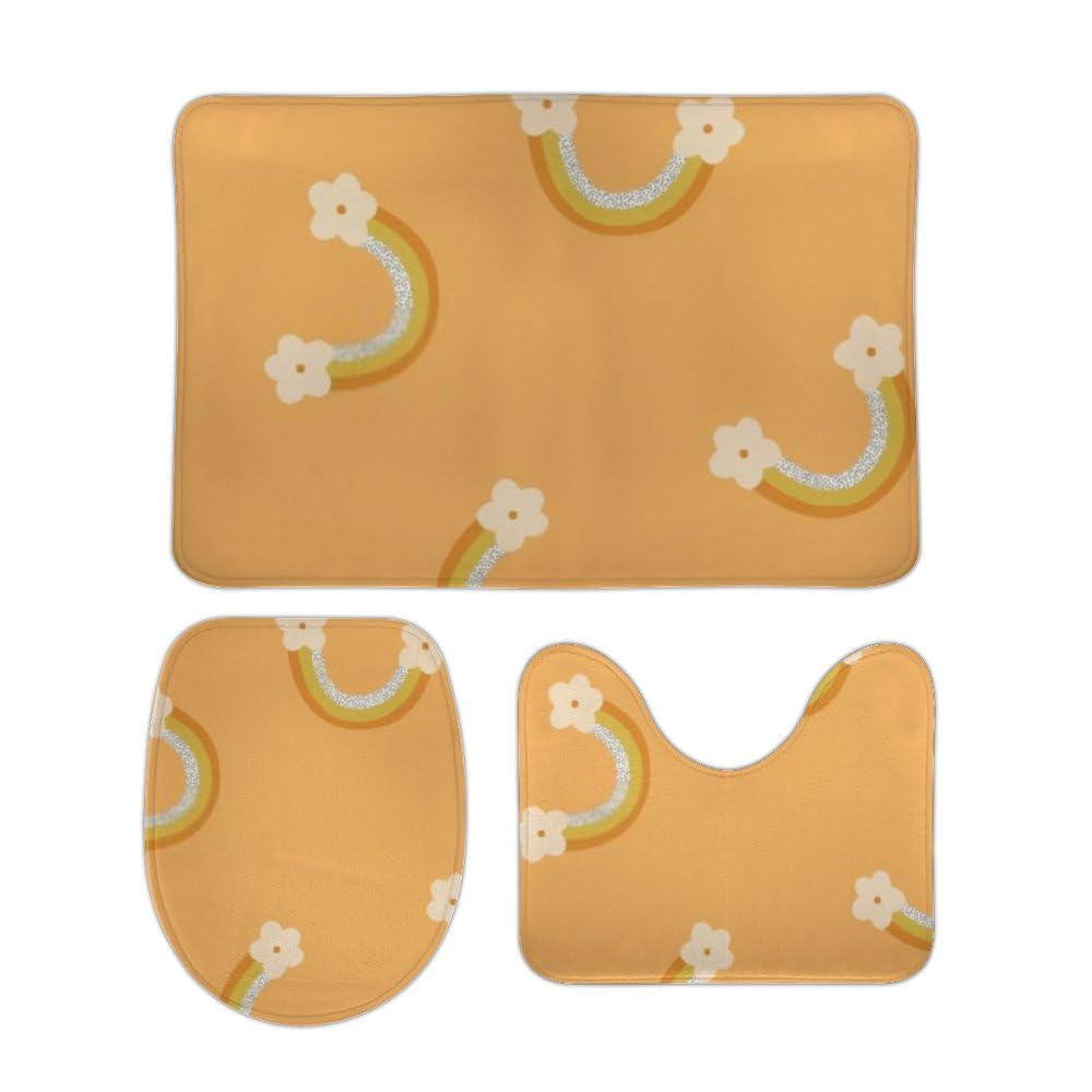 QAZPL Nuansexi Bathroom Rug Sets Childish Rainbow Flower Clouds Bath Toilet Rugs Set 3 Piece Anti Slip U-Shape Contour Toilet Mat Coral Velvet Absorbent Machine Washable Bathroom Toilet Decor