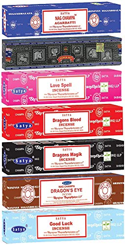 Satya Incense Sticks Gift Set, 7 Scents, Nag Champa, Super Hit, Dragon\'s Blood, Sandalwood, Patchouli, Lavender, Positive Vibes, 15g Each (Magic Mix)