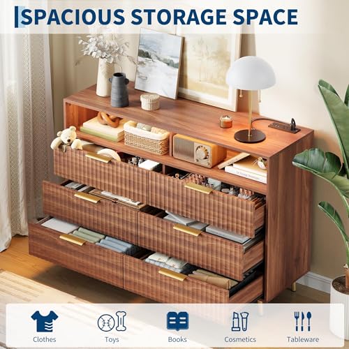 6 Drawers Dresser for Bedroom, 53.9" Wide Dressers with LED Lights and Charging Station, Curved Profile Design, Fluted Wood Drawers with Gold Handle, Modern Chest of Dressers for Living Room, Walnut by IDEALHOUSE - Used condition - Image 5
