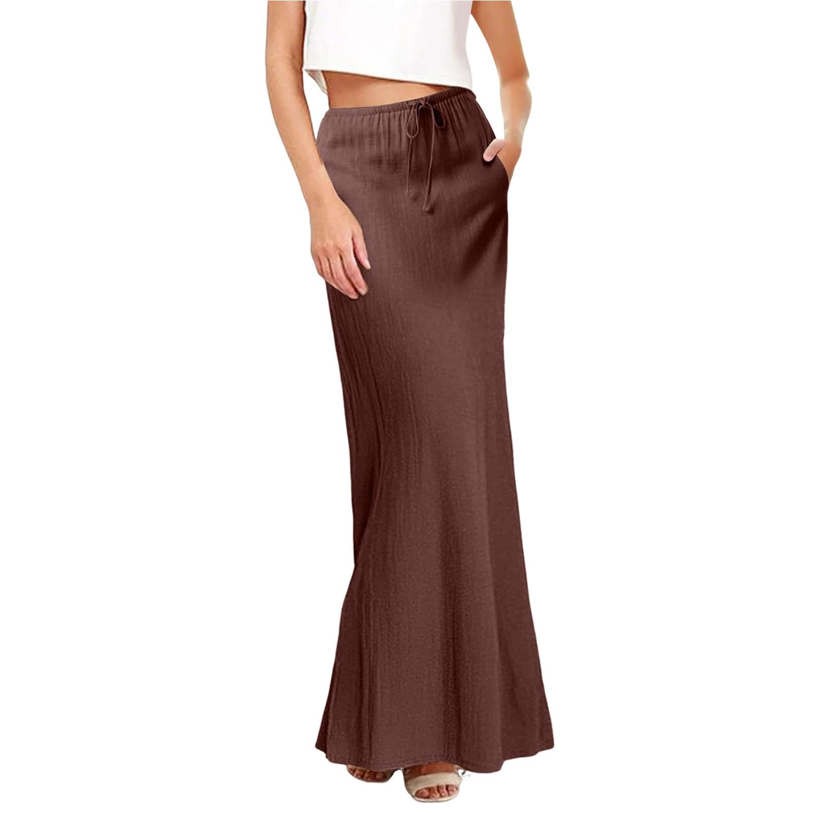 Linen Skirts for Women 2026 Summer Elastic Waist Drawstring Long Cute Skirts Casual Boho Beach Flowy A Line