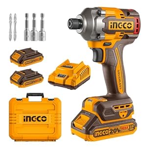 INGCO 20V Cordless Impact Driver 285NM, Brushless Motor, Variable Speed Control 1600/1900/2600RPM, 2900BPM with LED Work Light, 2Pcs 2.0Ah Battery and 1Pcs Charger, Packed by Carrying Case CIRLI2028
