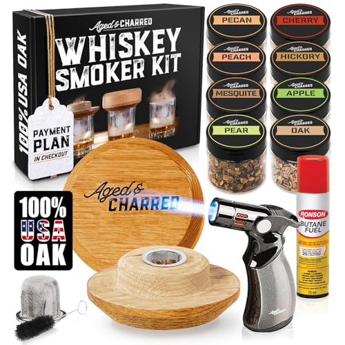 Whiskey Smoker Kit with Torch and Butane - 8 Flavors Wood Chips, 100% USA Oak Smoker,...