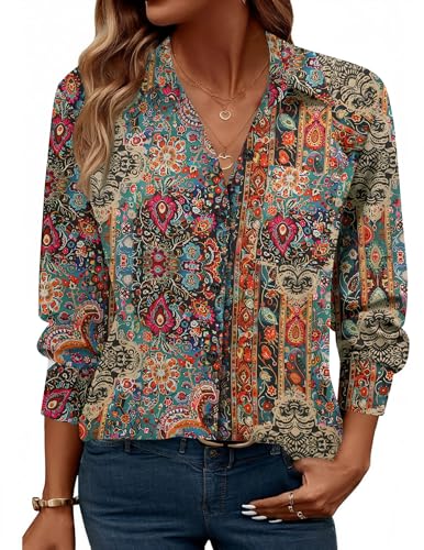 Zeagoo Floral Button Down Shirts for Women Boho Long Sleeve Blouse Work Clothes V Neck Outfits Ladies Tops and Blouses