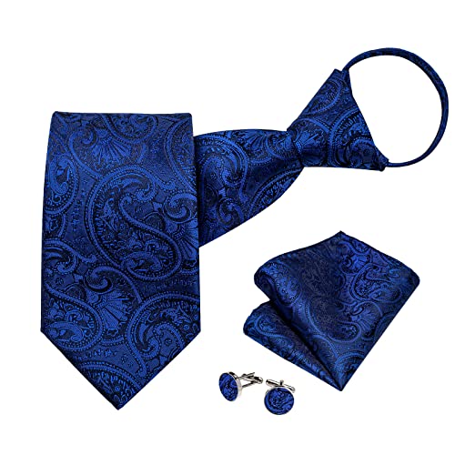 Image of DiBanGu Silk Zipper Ties for Men,Paisley Solid Plaid Pre-tied Tie and Pocket Square Cufflinks Set Formal Adjustable Necktie