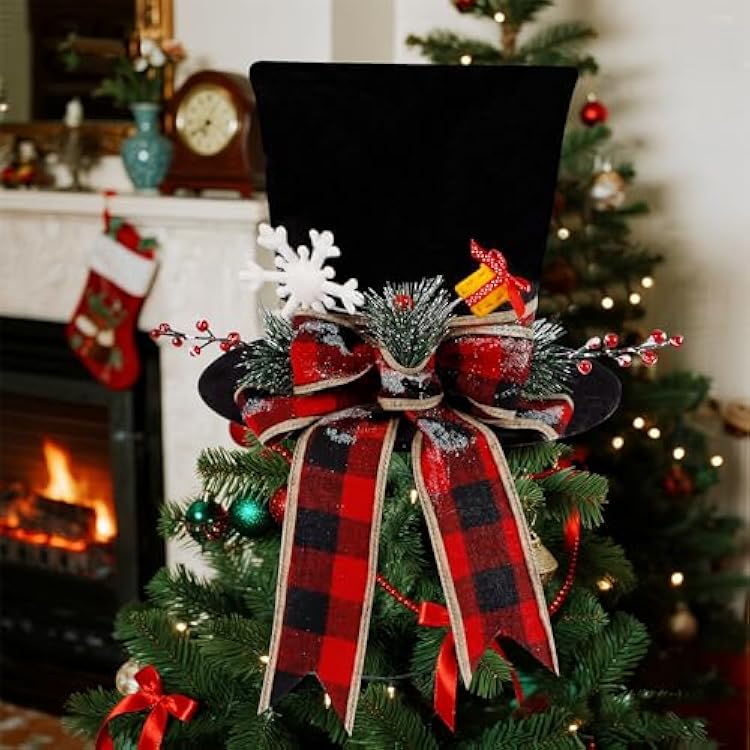 yofit Christmas Tree Topper Hat, Black Velvet Hat with Red Buffalo Plaid Bow Red Berry Snowflake, Christmas Tree Decorations Top Hat, Desktop Ornaments for Home Holiday Winter Decor