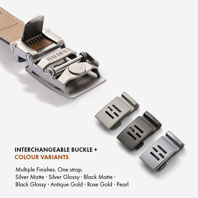 Image of HALDEN BURLEY Belts For Men Leather Original (Free Size Fits Up to 44 Inch Waist) Ratchet Straps, Unique Magnetic Auto-lock Buckle Formal Belts For Men