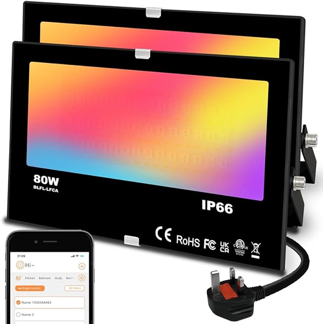 Mobri LED Floodlight Outdoor 800W, Smart RGB Flood Lights with APP Equivalent 8000LM, Colour Chaging - Warm White - Timing - Scene - IP66, UK 3-Plug, 2 Pack