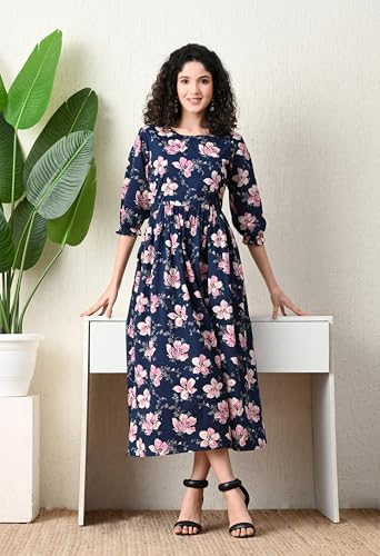 Image of Ichaa Women's Navy Blue Cotton Printed Maternity Dress with Feeding Zips and Pocket, in Plus Sizes