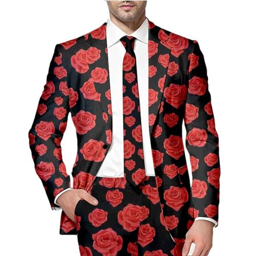RUMAOZIA Traje de San Valentín para hombre, corte ajustado, chaqueta de traje con estampado de corazón, chaqueta de cena, elegante chaqueta de smoking para boda, negro y rojo, traje de hombre para