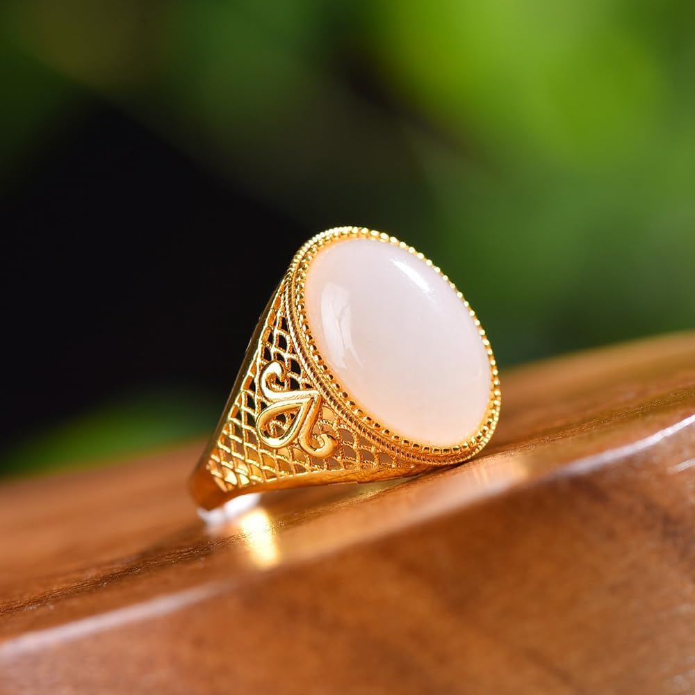 S925 Silver-Inlaid Natural White Jade Oval Ring Opening Adjustable Including Certificate