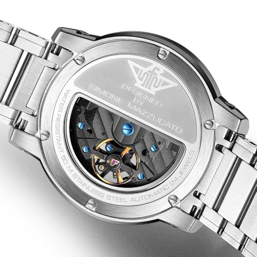 Image of OLEVS Silver Watches for Men Automatic Skeleton Mechanical Self Winding Luxury Dress Mens Watch Stainless Steel Waterproof Luminous Wirstwatch Gift for Male