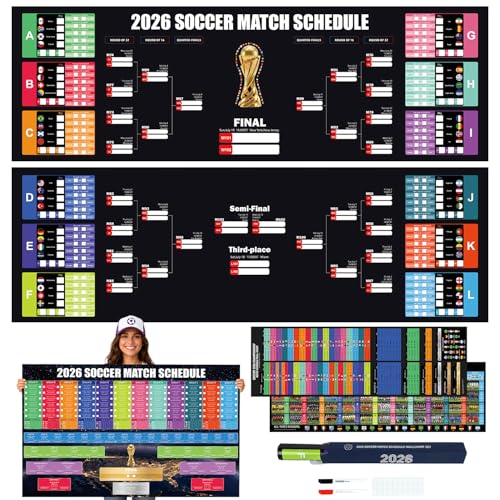 3PCS Latest Team 2026 World Soccer Championship Bracket Poster Set 40 x 26 Inches Double-Sided Dry Erase Wall Chart Soccer Bracket Poster with Match Tracker Updated Team Information Watch Party Decor for Home Bar Soccer Fan Gift