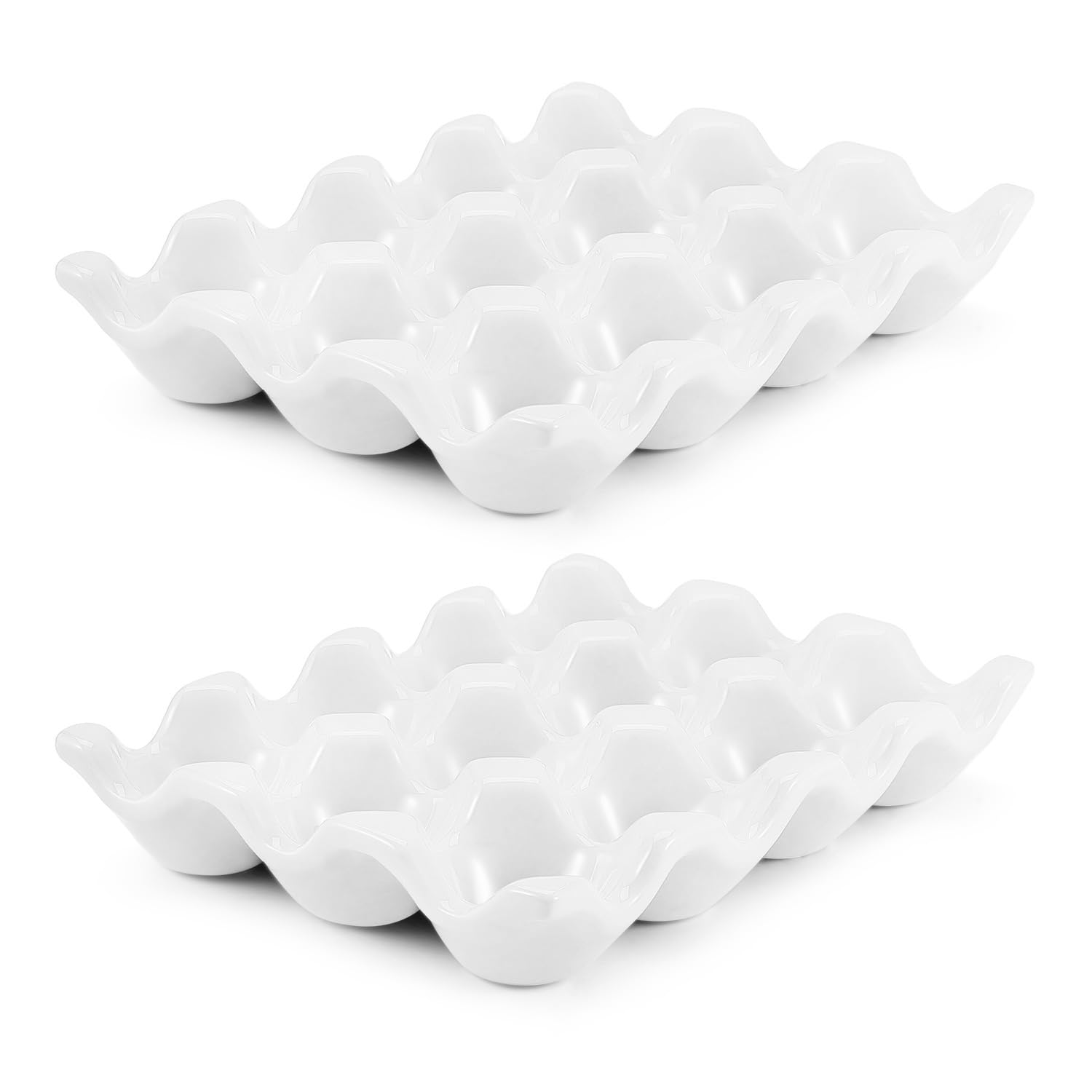 Flexzion 12 Cups Ceramic Egg Holder - Whole Dozen Porcelain Egg Tray Container Keeper Storage Organizer Decorative Serving Stand Serveware for Refrigerator Fridge Countertop Display 2 Pack (White)