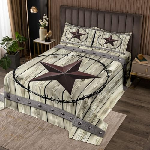Feelyou Western Cowboy Bedspread Queen Size Vintage Barn Door Quilted Coverlet for Kids Adults Texas Star Coverlet Set Quilted Home Decor，1 Bedspread+ 2 Pillow Shams