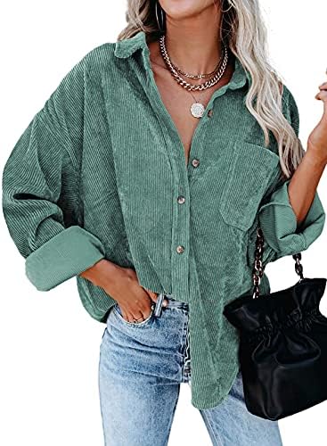 Necooer Damen Cordhemden Boyfriend Langarm Button Down Blusen Tops