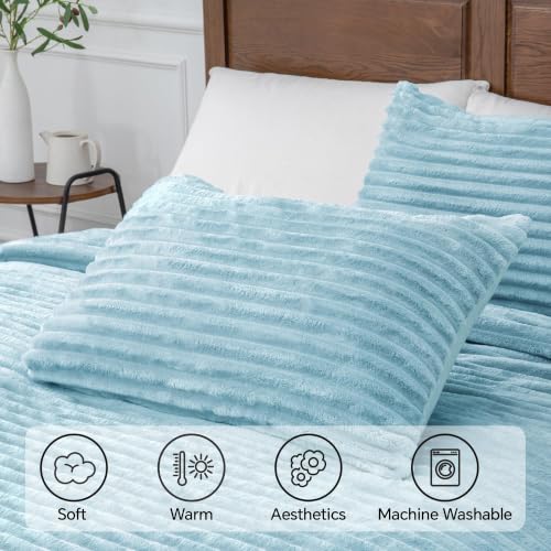 Image of BEDELITE Fleece Oversized Queen Comforter Set, Fluffy Bed Set, Grey Blue | Super Soft & Warm Bedding, Luxury Fuzzy Faux Fur Comforter for Winter, Heavy Plush Bedding, with 2 Pillowcases