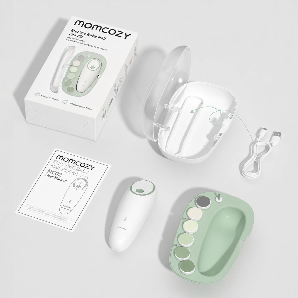 Momcozy Electric Baby Nail File NC02 package contents including the device, grinding heads, charging cable, and user manual.