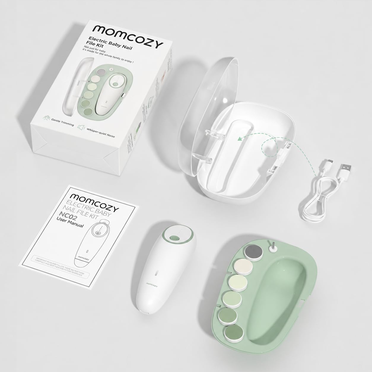 Momcozy Lime à Ongles Électrique pour Bébé, Faible Bruit Coupe-Ongles Électrique avec Lumière Doux, Coupe-Ongles Électrique Rechargeable pour Soins des Ongles de Nouveau-Nés & Enfants, 7 Remplacements