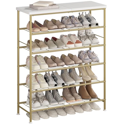 Image of SUOERNUO Shoe Rack Organizer 6 Tier for Closet Entryway Free Standing Metal Storage Shoe Shelf with MDF Top Board,Gold