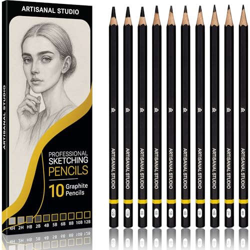 ARTISANAL STUDIO 10-Piece Sketching Pencils Set of 12B to 4H Graphite Drawing Pencils for Artists Ideal for Art Shading Sketch & Doodling For Beginners & Professionals