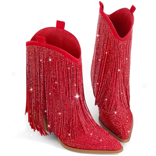 Image of Ouepiano Cowboy Boots for Women - Cowgirl Rhinestone Boots with Sparkly Fringe Pointed Toe Western Boot Chunky Heel Pull-On Wide Calf Botas Vaqueras