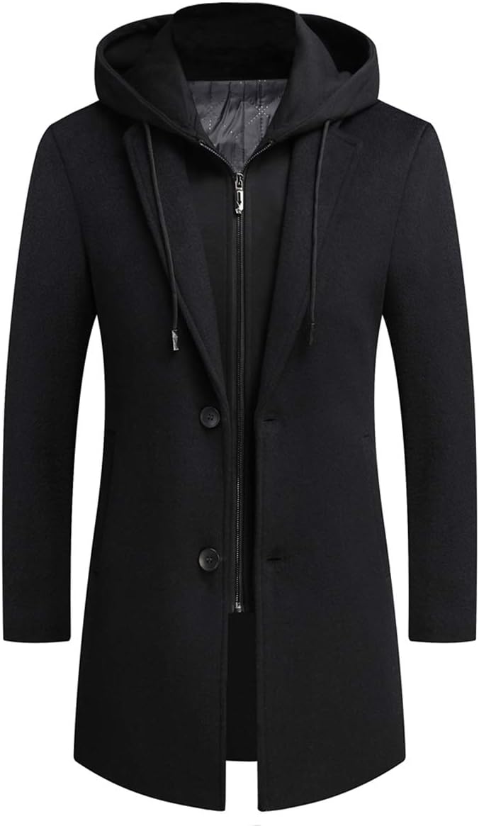 PRIJOUHE Men's Wool Coat Hoodie Long Trench Coat Cotton Casual Woollen Overcoat Jacket
