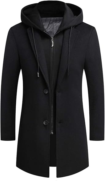 PRIJOUHE Mens Wool Coat Hoodie Long Trench Coat Cotton Casual Woollen Overcoat Jacket