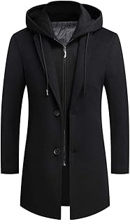 Men's Wool Coat Hoodie Long Trench Coat Cotton Casual Woollen Overcoat Jacket