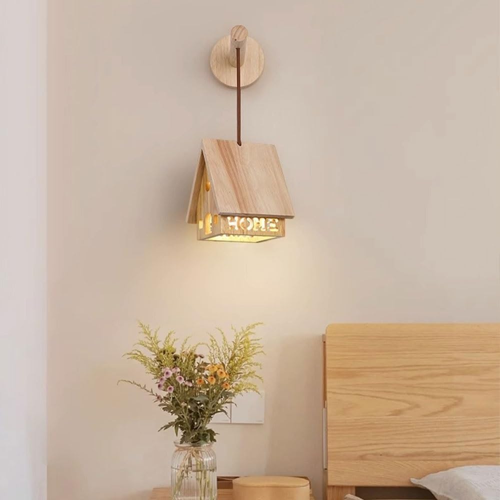 Creative Nordic Wooden House Wall Sconce,Cute Modern Cutout Wall Light Fixture, Natural Wood Home Shape Bedside Wall Lamp for Kids Room, Nursery, Bedroom, Living Room Decor Parlor