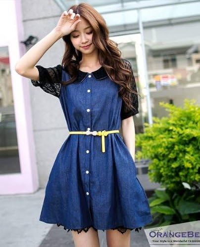 Amazon Co Jp おしゃれ 泥棒 レディース ファッション ワンピース デニム ジーンズ レース 袖レース 半袖 半そで Aラインワンピ ワンピ カジュアル ガーリーフェミニン トレンド マストアイテム 可愛いワンピース 全2色 ライトブルー ブルー ブルー サイズ F 服