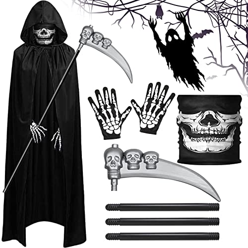 ZZQVIP Disfraz Halloween Hombre Completo – Disfraz de Muerte con Capa Negra con Capucha, Máscara de Calavera, Guantes de Esqueleto y Guadaña Ajustable – Grim Reaper Costume para Adultos