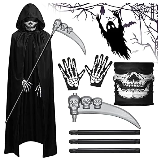 ZZQVIP Disfraz Halloween Hombre Completo – Disfraz de Muerte con Capa Negra con Capucha, Máscara de Calavera, Guantes de Esqueleto y Guadaña Ajustable – Grim Reaper Costume para Adultos