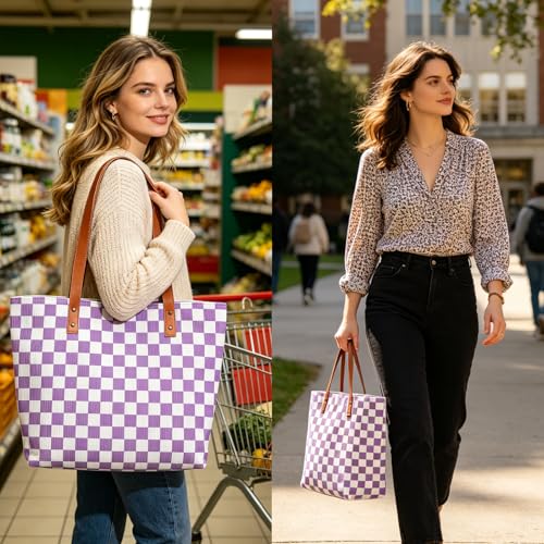 ZVUZVO Purple and White Checkered Corduroy Tote Bag With Leather Handle for Women Men Birthday Gifts, Plaid Reusable Grocery Bags for Work Travel Shopping. Purple and White Plaid — view 4