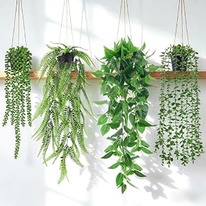 Der Rose 4Pcs Fake Plants Hanging Artificial Ivy Vine Faux Eucalyptus Hanging Plants, Boston Fern, String of Pearls for Living Room Aesthetic Bedroom Boho Kitche Wall Shelf Indoor Outdoor Decor