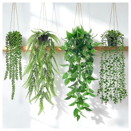Der Rose 4Pcs Fake Plants Hanging Artificial Ivy Vine Faux Eucalyptus Hanging Plants, Boston Fern, String of Pearls for Living Room Bedroom Boho Wall Shelf Indoor Outdoor Decor