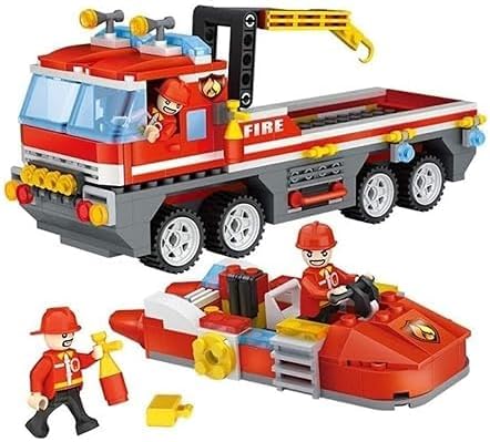 The Cogo fire truck and separate rescue boat with firefighter figures.