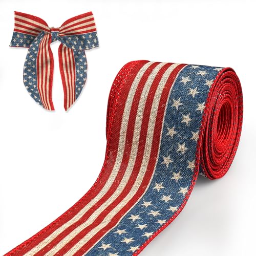 Habbiful 4th of July Ribbon Patriotic Wired Ribbons for Crafts Wrapping Wreath Bows Red White Blue Ribbon Vintage American Flag Ribbons for 250th Anniversary Memorial Day Decoration 2.5x 10 Yards