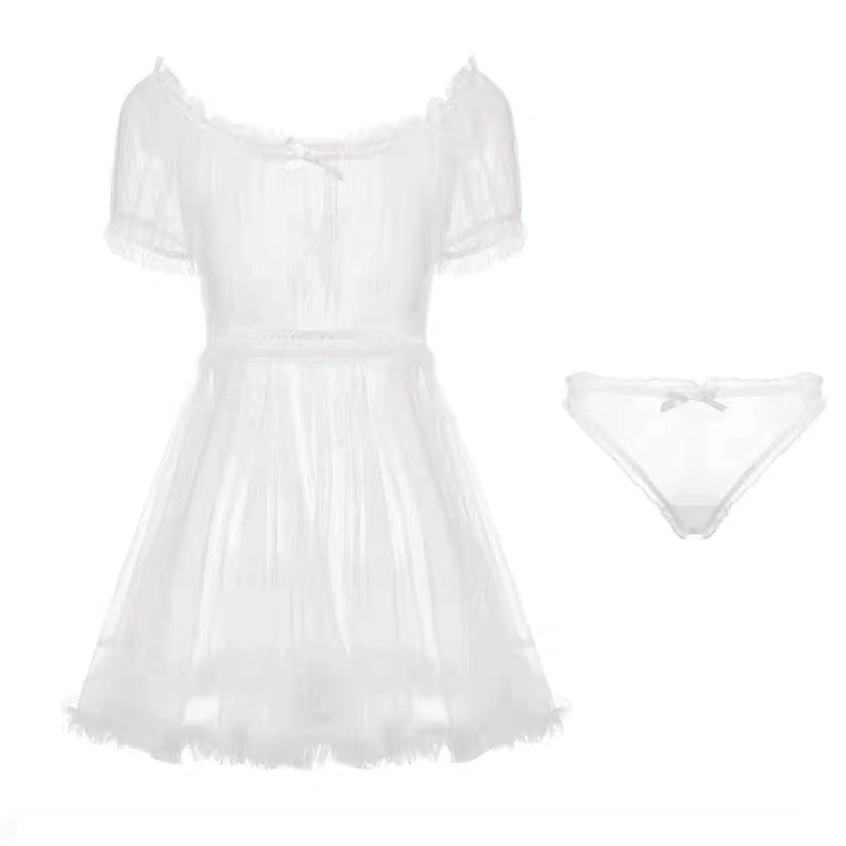 [LIKENNY] パジャマ 透明 ナイトウエア 人気 スリップ セクシー 天使 ふわふわ 花嫁 勝負 極薄 ワンピース 写真 撮影 レディース ミニ レース メイド服 コスプレ コスチューム かわいい 萌え ホワイト 清楚系 透明 ブラウス キュート プレゼント