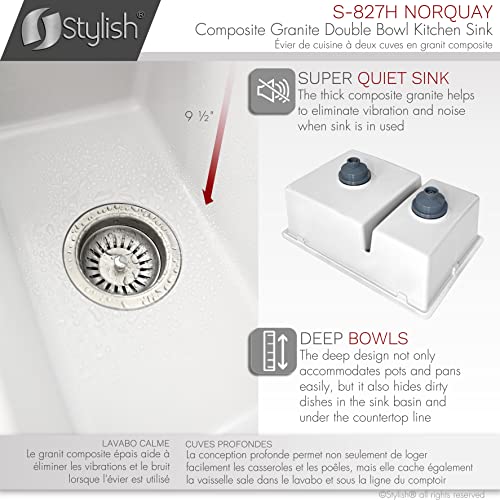 Image of Stylish 27.25 x 18.75 Inch Drop In or Undermount Kitchen Sink Double Bowl Workstation 9.5 Inches Deep Granite Composite Kitchen Sinks with Regular Strainers White, S-827H