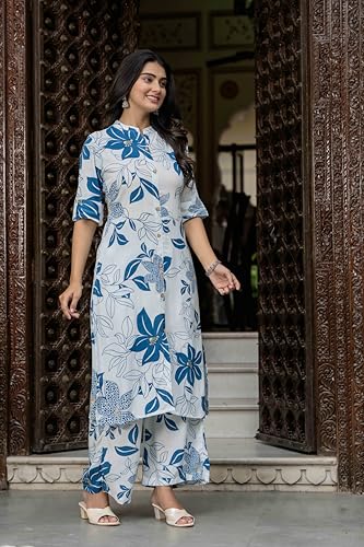 Image of Women's Floral Print Rayon Kurta Palazzo, Round Neck Half Sleeve, Regular Fit, Ethnic Casual Wear