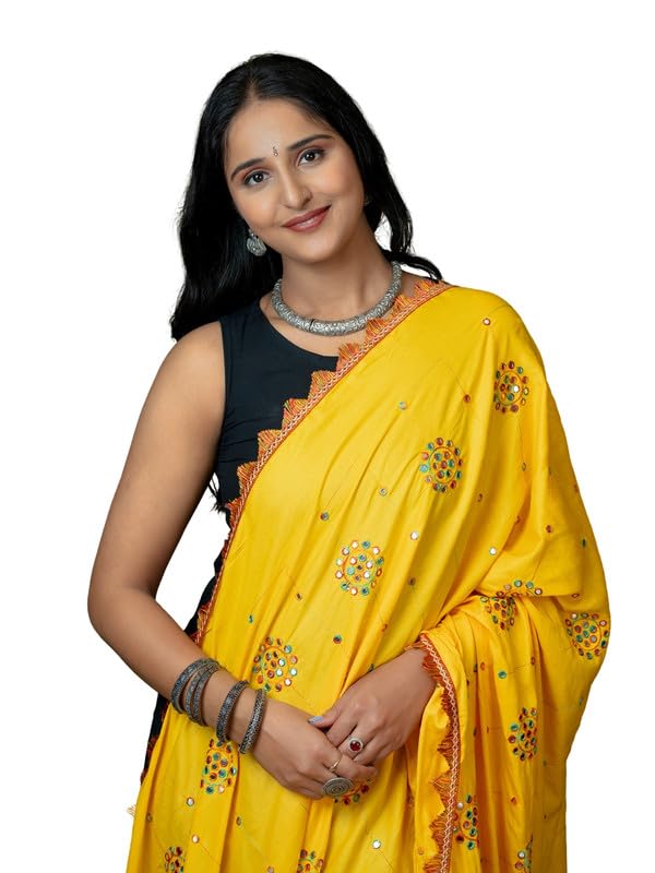 HELLA FASHIONS Viscose Rayon Kutch Mirror Work Dupatta for Women 2.5 Meter | All Over Embroidery Elegant Chunni for Girls | Tassel Lace on Edges Pack of 1