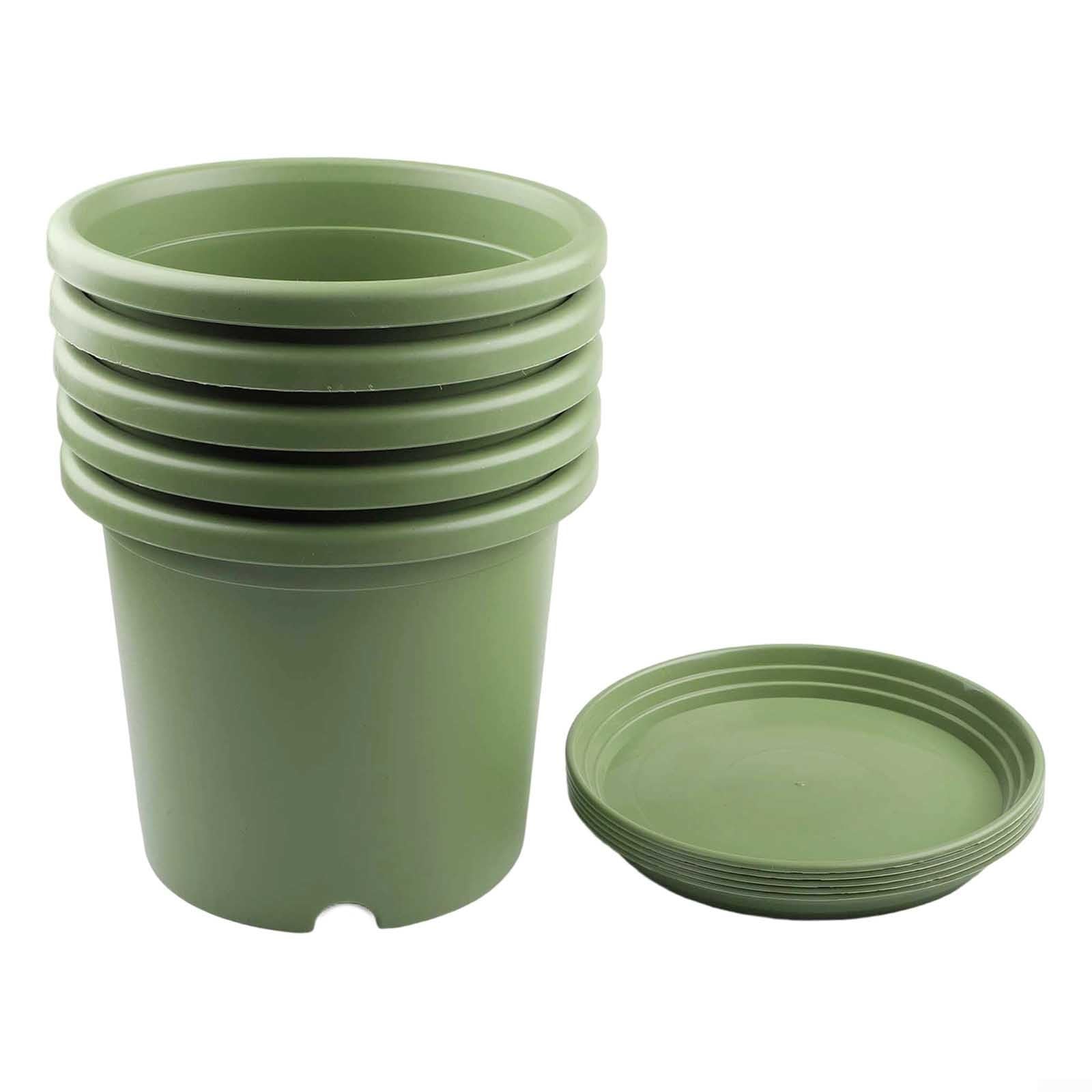 Macetas grandes de resina con agujeros de drenaje, contenedores de jardín verdes con bandejas, macetas de plástico para uso en interiores y exteriores, juego de cubos de flores resistentes para