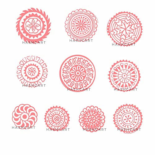 Image of Set of 10 | Handcarved Wooden Round Floral Design Stamps for Blocks Printing, Wooden Stamps for Project Designing, Scrapbooking Clay Pottery Craft Tattoo
